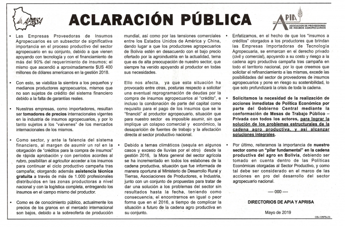 Aclaración pública: APIA-APRISA - Públicado en EL DEBER